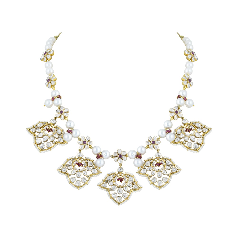 Polki Necklace with Red Floral Motifs & Pearls